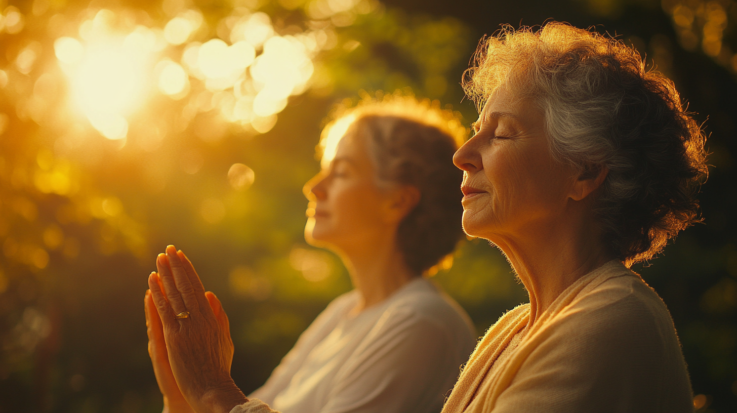 Жінка старшого віку практикує йогу